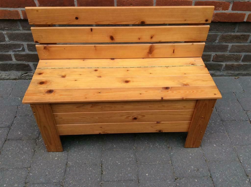Kinder zitbank, teak, B72x30xH54 cm met zitje en bergruimte, Ophalen, Zo goed als nieuw