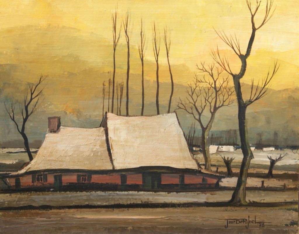 Tuur De Rijbel (1927-2016): Hoeve in de sneeuw (73 x 63 cm), Antiek en Kunst, Kunst | Schilderijen | Klassiek, Ophalen of Verzenden