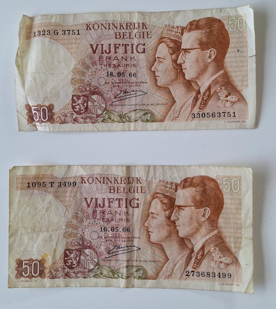 Twee briefjes van 50 Belgische frank uit 16/5/1966, Postzegels en Munten, Ophalen of Verzenden