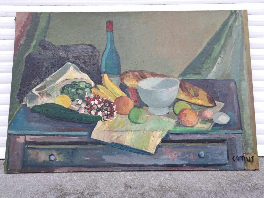 huile sur toile nature morte signe gustave camus, Antiquités & Art, Enlèvement ou Envoi