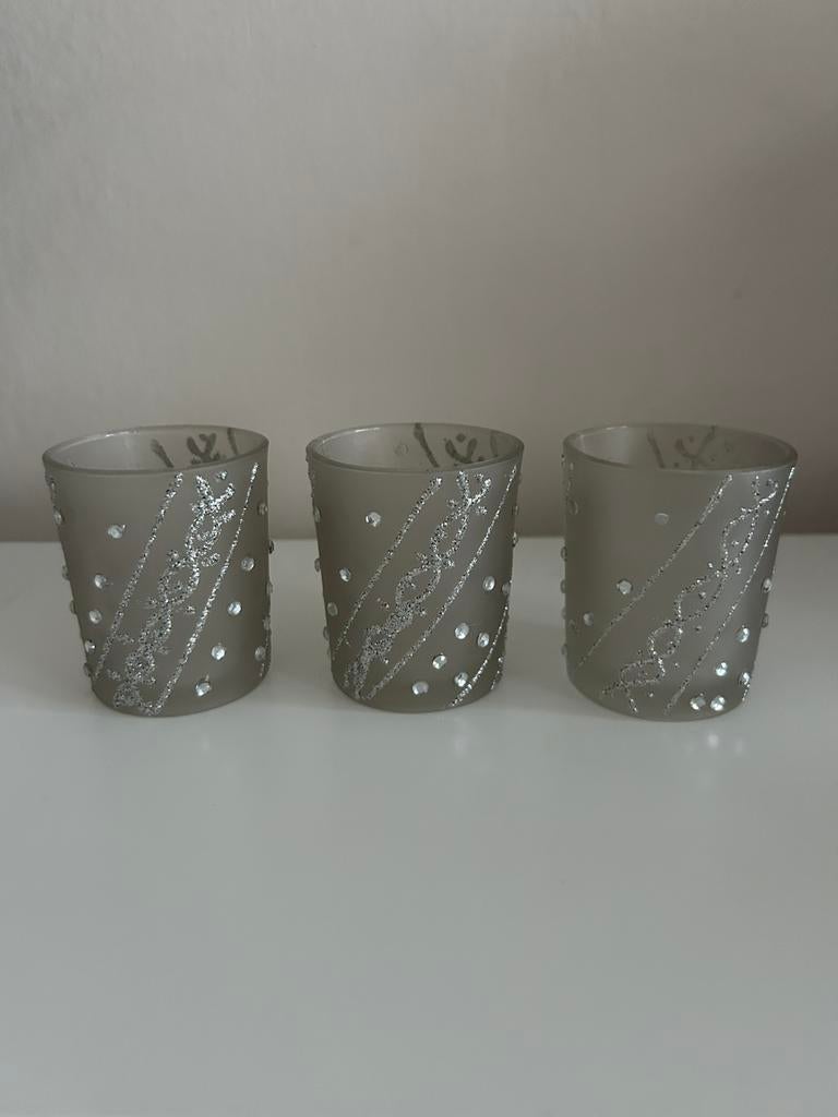Set van 3 theelichthouders met strass steentjes, Ophalen of Verzenden, Zo goed als nieuw