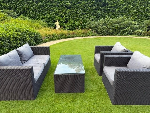Wicker tuin set 4delig, 3zit 2 clubs, salontafel & glasplaat, Jardin & Terrasse, Ensembles de jardin, Utilisé, Sets de jardin