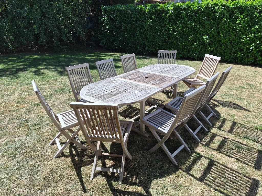 Table et 10 chaises Morati en Teck, Comme neuf, Bois, Sets de jardin, Enlèvement
