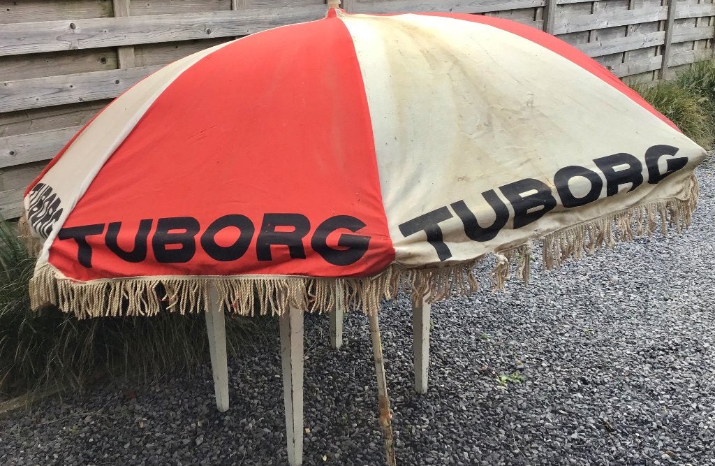 Reclame parasol van ‘Tuborg’ jaren ‘60, Ophalen of Verzenden, Gebruikt, Gebruiksvoorwerp