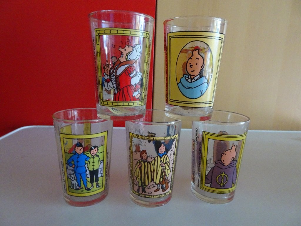 5 verres Amora - Les aventures de Tintin, Enlèvement ou Envoi, Comme neuf, Verre à eau