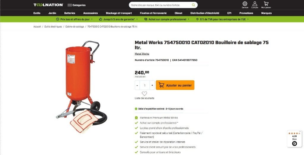 METALWORKS SABLEUSE MOBILE 75L CAT020RA - NEUVE, Enlèvement, Neuf
