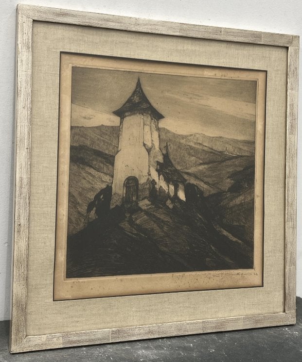 gravure eglise de gouvy signe Camille Barthélémy, Ophalen of Verzenden, Gravure