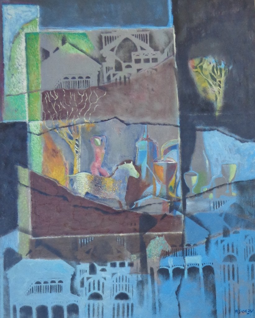 ANDRE GOEZU / OPEN VENSTER / OLIEVERF / 130x97cm / CHASSIS, Antiquités & Art, Peinture à l'huile, Paysage urbain, Autres matériaux