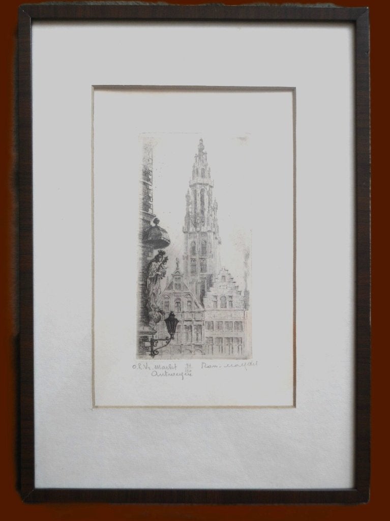 Romain Malfliet. Antwerpen., Ophalen, 18 cm, Ets, Stadsgezicht