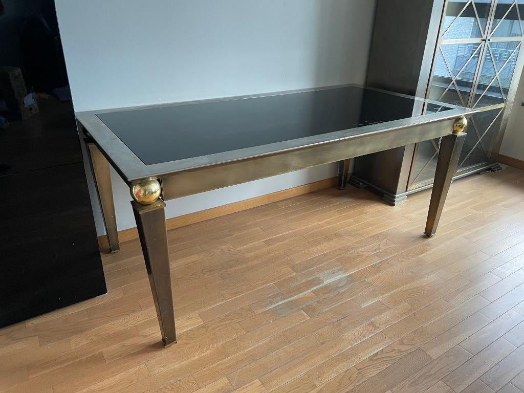 Eettafel in geborsteld staal en rookglas 180 x 90, Ophalen, Gebruikt, Années 70, 50 tot 100 cm