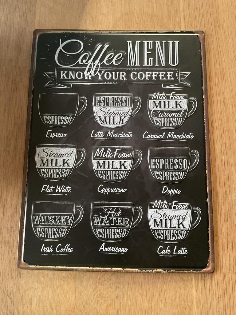 Plaque en tôle Coffee Menu espresso cappuccinoirish coffee, Collections, Enlèvement ou Envoi, Comme neuf