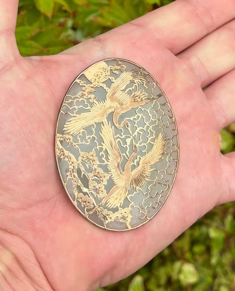 Jade zeer grote gouden paradijsvogel hanger broche uniek, Ophalen of Verzenden, Broche, Met edelsteen