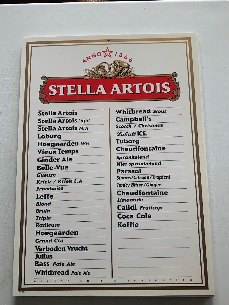 Vintage prijslijst menubord Stella Artois, Verzamelen, Biermerken, Ophalen, Nieuw, Overige typen, Stella Artois