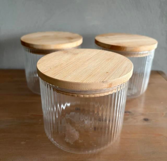 3 glazen voorraadpotten met bamboe deksel, Huis en Inrichting, Keuken | Potten en Pannen, Zo goed als nieuw, Ophalen