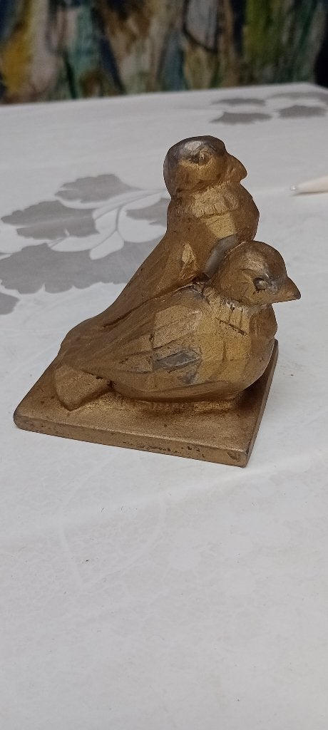 Sculpture Art Déco Couple d'Oiseaux Métal Doré 9cm, Antiquités & Art, Enlèvement ou Envoi, Métal, Autres types, Doré