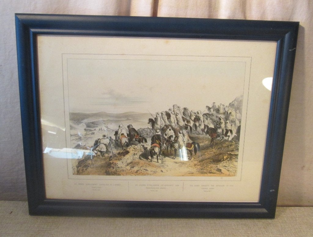 Gravure ancienne 'Les Arabes et l'armée française' - 45x35, Enlèvement ou Envoi, Militaire, Gravure, Encadré