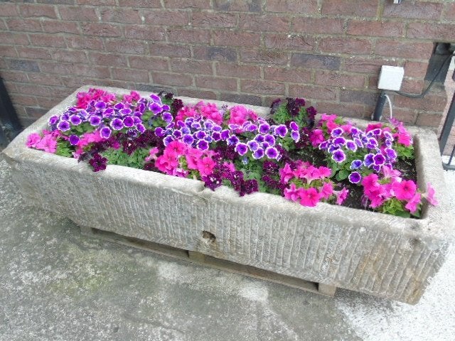 dienblad of trog in blauwe steen, plantenbak, goede keuze!!, Tuin en Terras, Ophalen, Steen, Gebruikt, 100 cm of meer