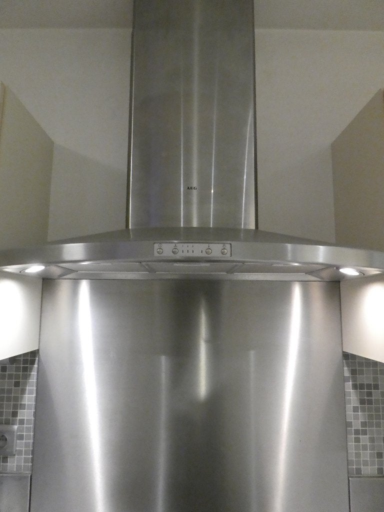 AEG INOX afzuigkap + spatwand, Elektronische apparatuur, Ophalen, Gebruikt, Wandschouwkap, Vrijstaand