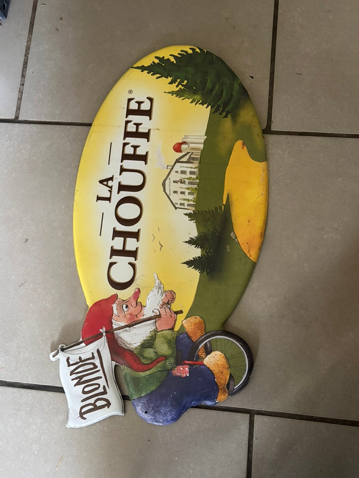 Blikken bord la chouffe (1), Verzamelen, Ophalen, Gebruikt, Reclamebord, Plaat of Schild, Overige merken