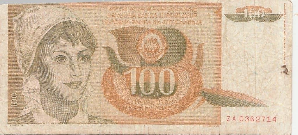 Het bankbiljet van 100 dinar uit 1990, Ophalen of Verzenden, Joegoslavië, Los biljet