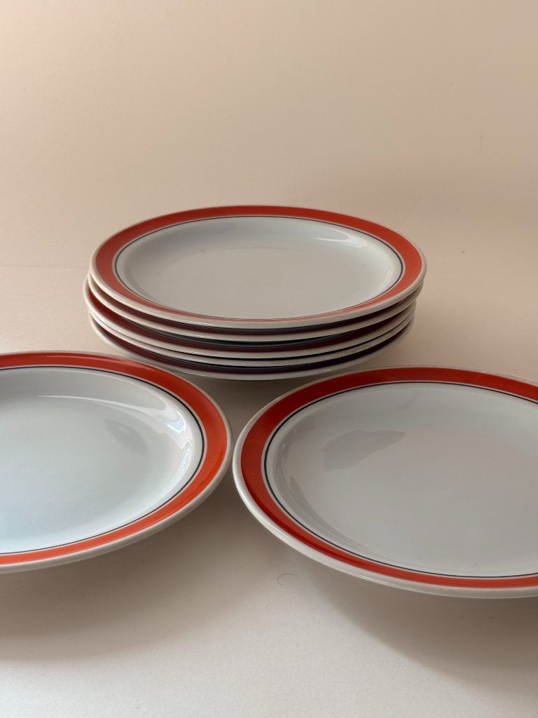 Zeven dessertborden met oranje randen, Gebruikt, Overige merken, Vintage, Ophalen of Verzenden