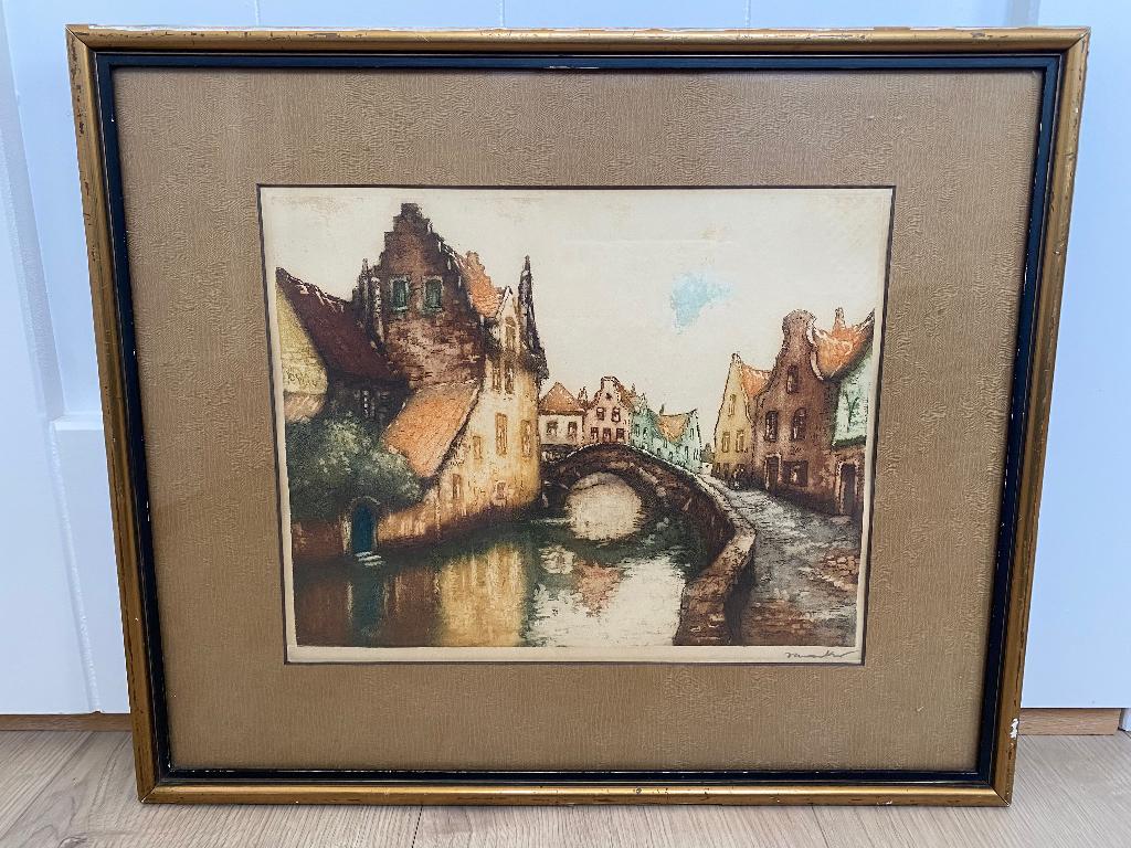 Gesigneerde kleurenets Florimond van Acker | Brugse school, Antiek en Kunst, Kunst | Etsen en Gravures, Ets, Gesigneerd, Handgekleurd