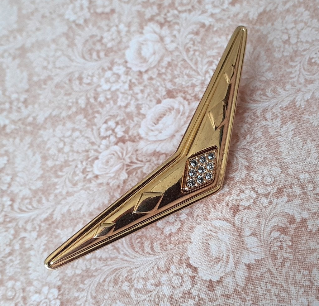 Kraagclip boordklem vintage goud met witte strass, Bijoux, Sacs & Beauté, Bijoux anciens, Enlèvement ou Envoi, Autres matériaux