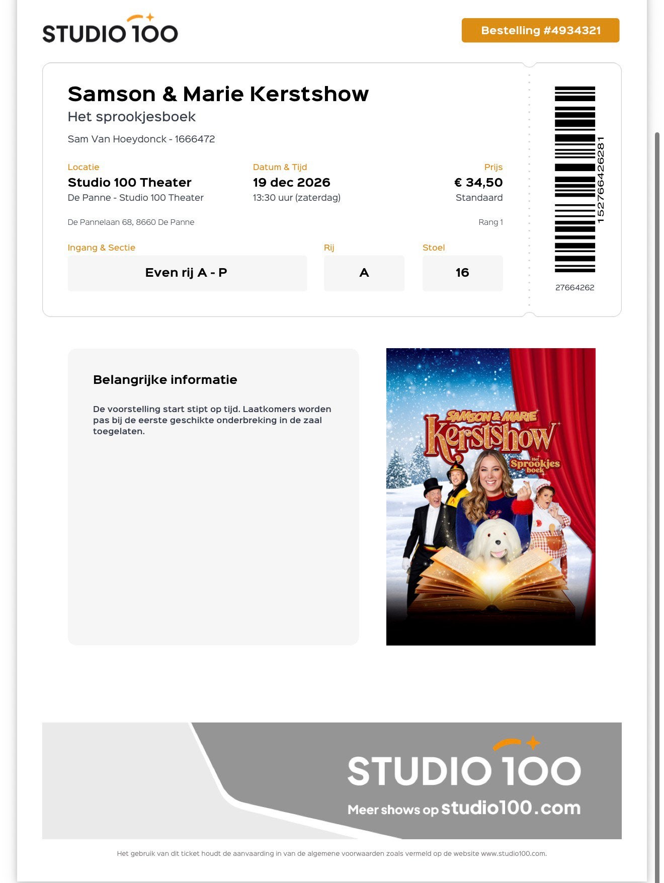 Tickets Samson&Marie het sprookjesboek, Tickets & Billets, Deux personnes, Décembre, Autres types