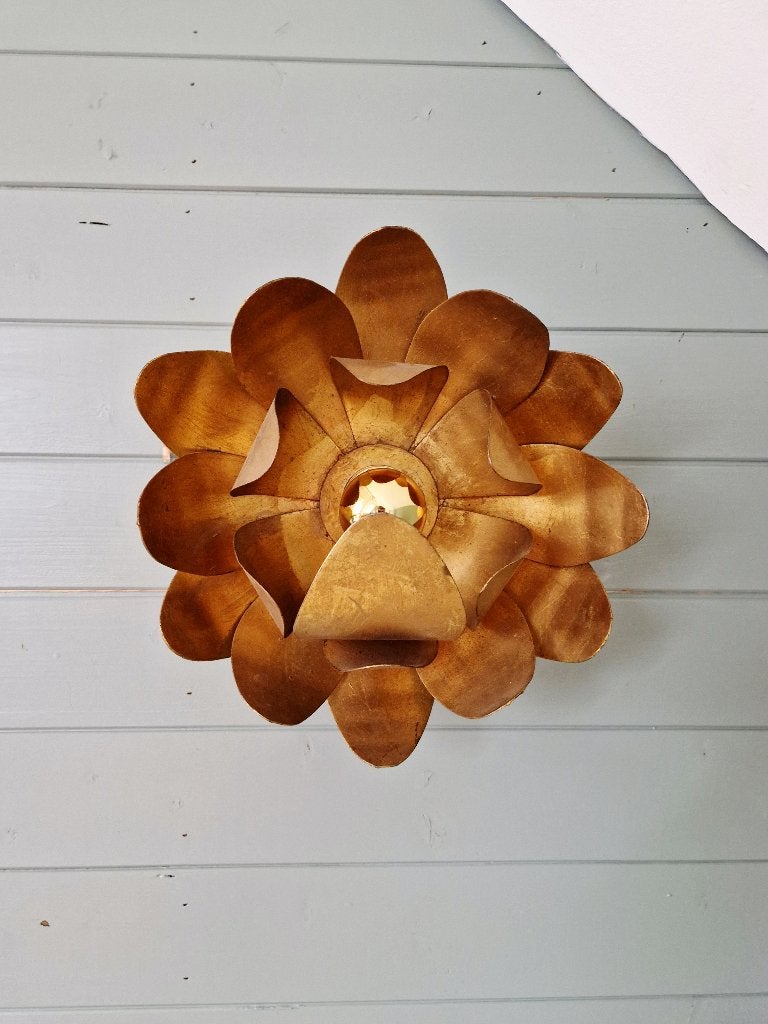 Wandlamp met bloemen in goudkleurig metaal, jaren 60-70, Ophalen of Verzenden