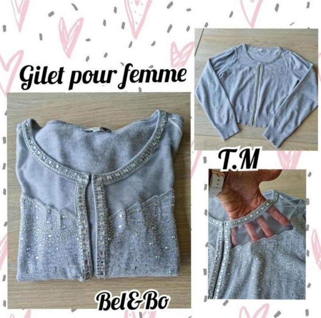 Gilet court ML pour femme-gris avec strass-Bel&Bo-T.M, Maat 38/40 (M), Bel&Bo, Ophalen of Verzenden, Grijs