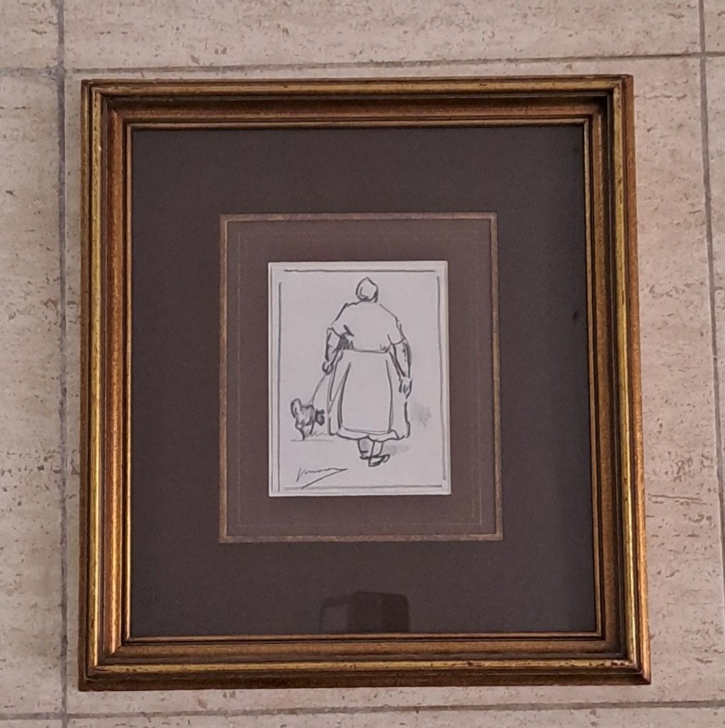 Jos Mous  1896 - 1968  Tekening  Vrouw met hondje, Envoi, Dessin, Signé
