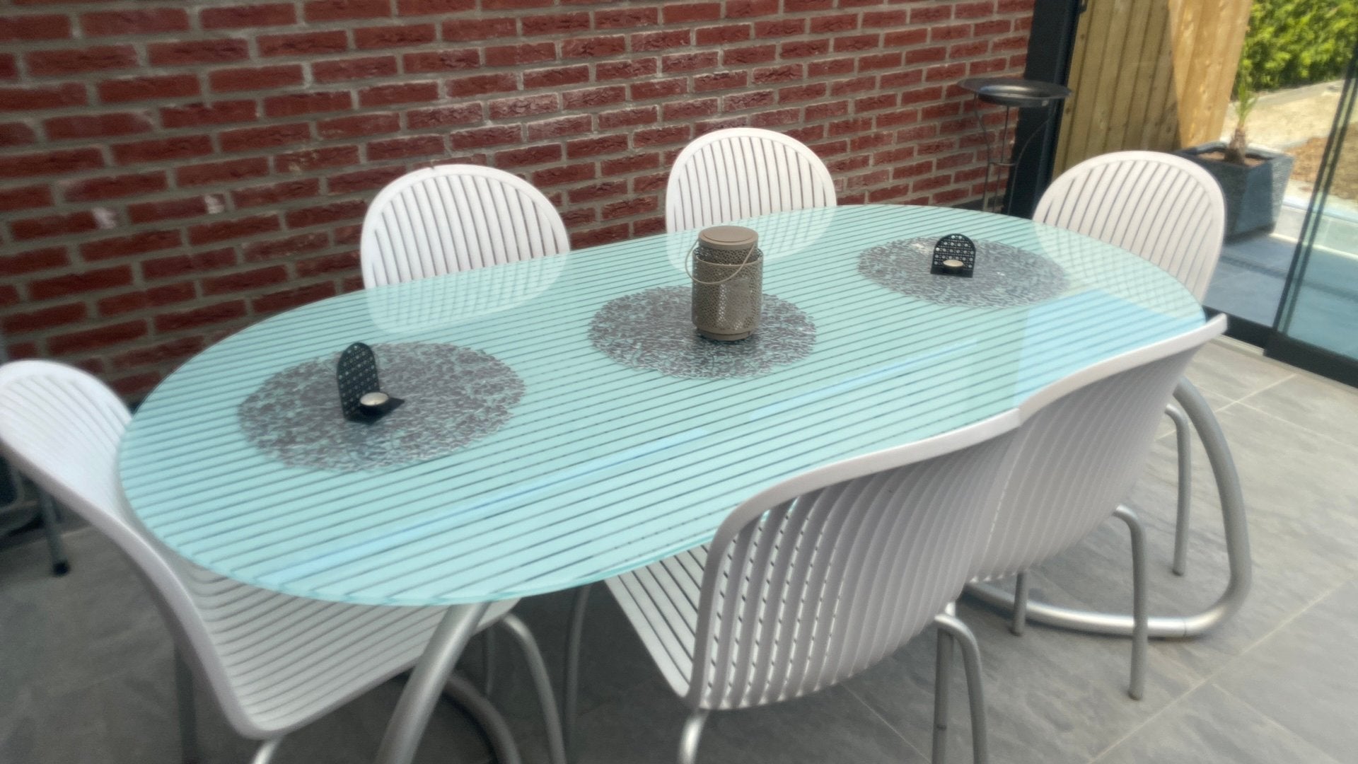 Ovale tuintafel meg glazen blad en 6 stoelen, Enlèvement, Comme neuf, Aluminium, Salons de jardin