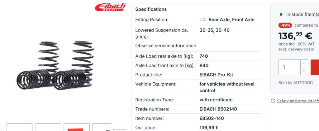 Ressorts courts Eibach golf jetta mk2, Ophalen, Gebruikt