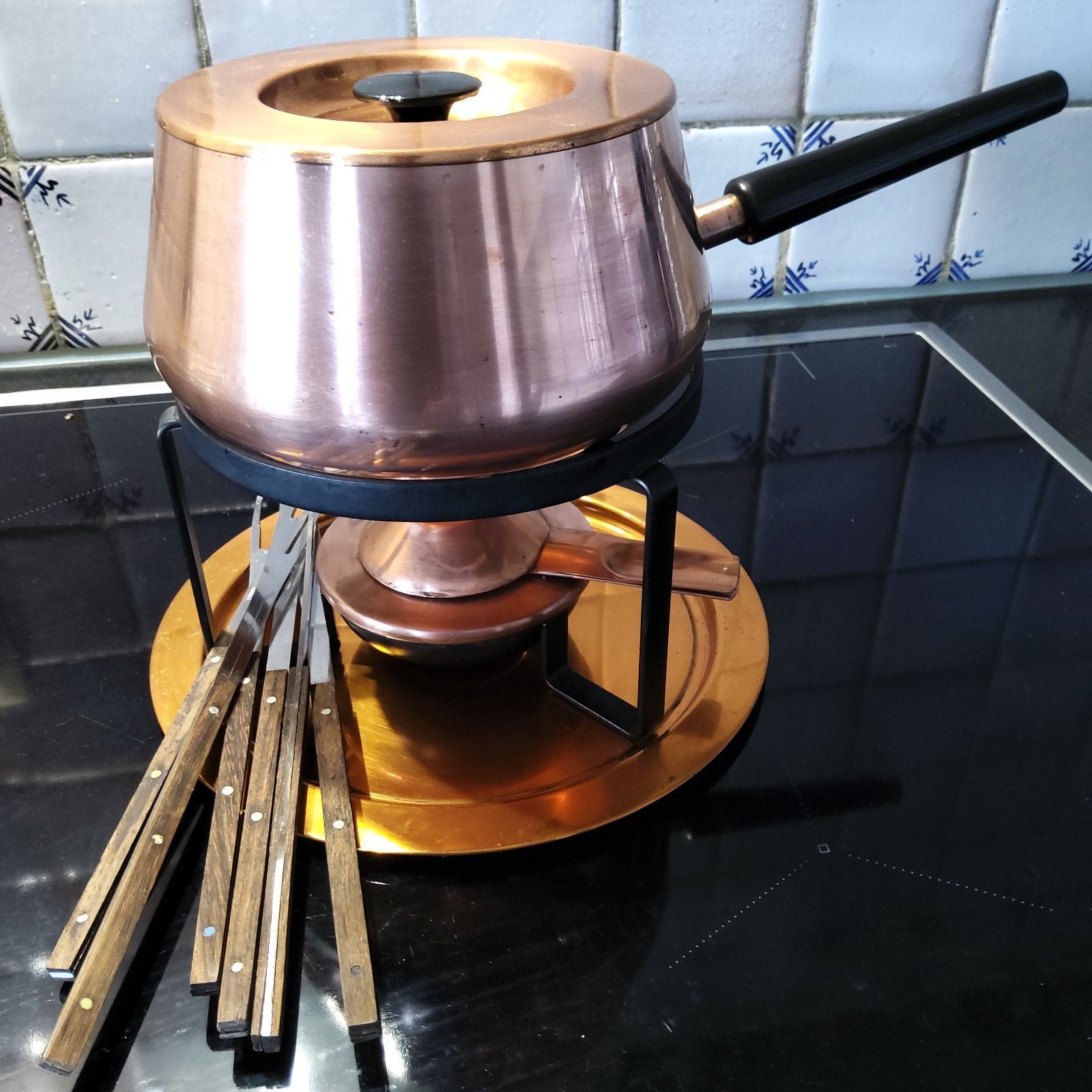 Koperen fondueset met 6 vorken. Vintage jaren 60-70, Ophalen of Verzenden, Zo goed als nieuw, Brander, Fondueset