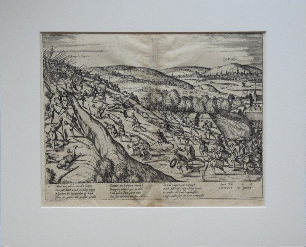 Frans Hogenberg ets "Slag Bij Luik met de Schotten 1577", Enlèvement