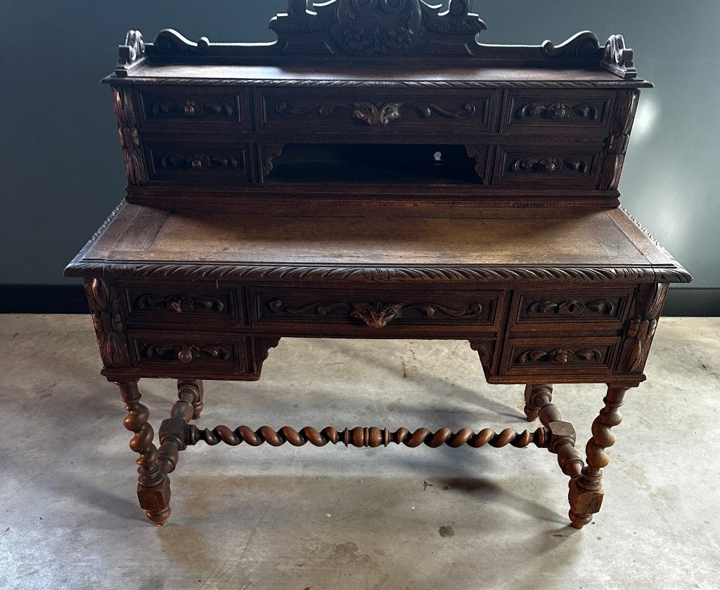Antieke houten schrijftafel / bureau – rijkelijk gesneden, Enlèvement