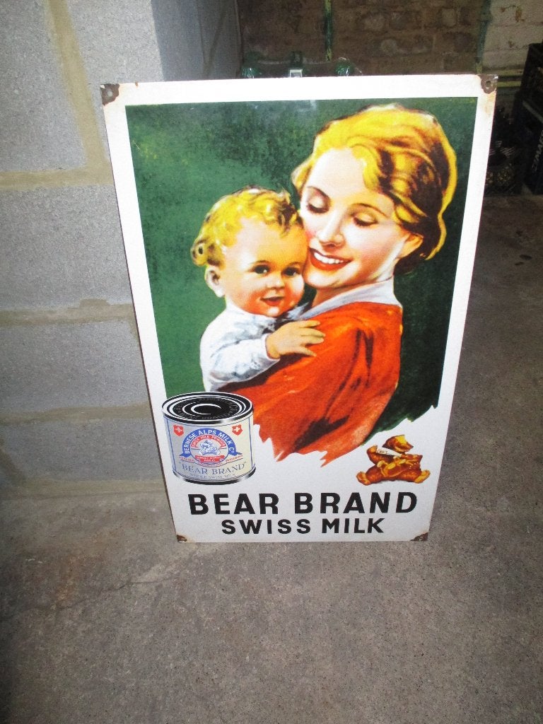 Zwitsers emaille bord (vrouw en kind), Ophalen, Gebruikt