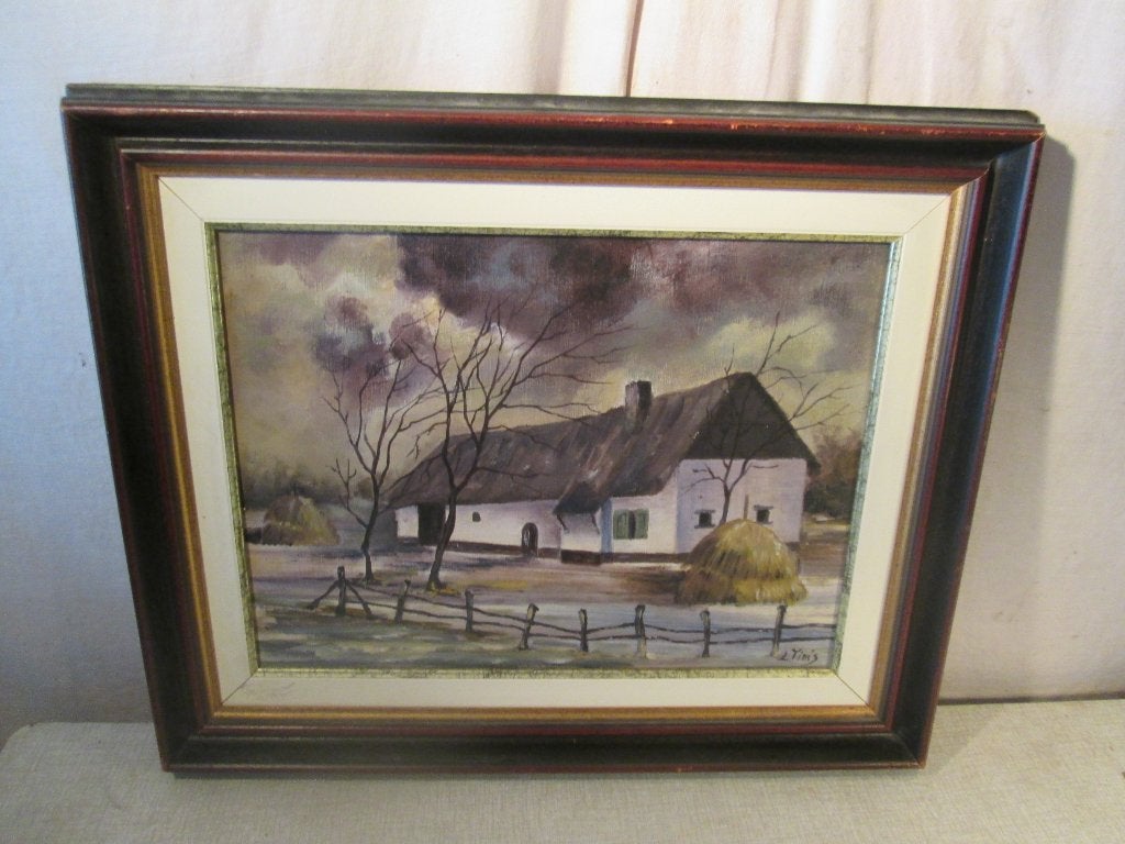 Mooi Geschilderd Werk 'Hoeve en Hooimijten' - L Tims, Antiquités & Art, Art | Peinture | Classique, Enlèvement ou Envoi, Paysage