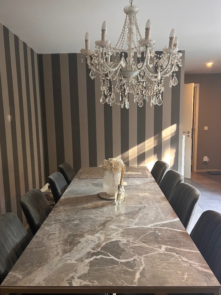 Keramieke eettafel 8-10 pers + evt  8 stoelen - marmer look, Overige materialen, 200 cm of meer, 50 tot 100 cm, Zo goed als nieuw