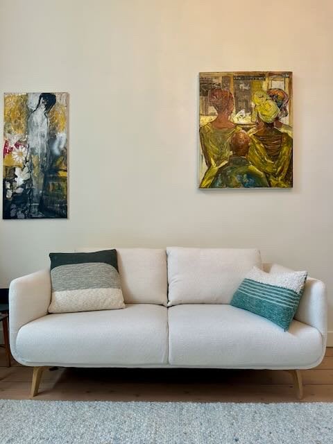 Sofa 2-zit met poef, Scandinavische stijl, naturel, zg staat, Maison & Meubles, 75 à 100 cm, Scandinavisch, Enlèvement, Utilisé