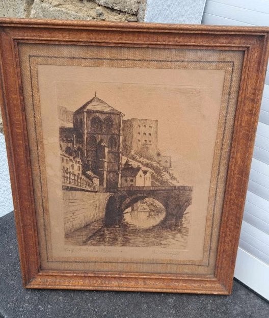 gravure huy le pont signe geo warzee, Antiquités & Art, Enlèvement ou Envoi, Gravure