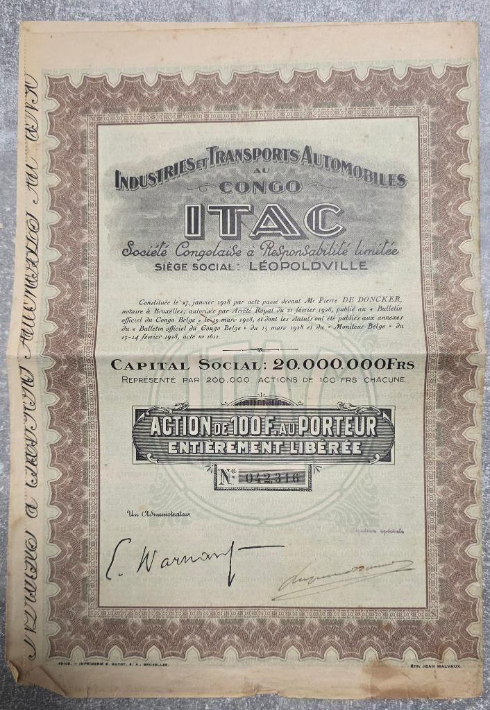 Titel van de vervoerder+ITAC+Congo, Postzegels en Munten, Ophalen, 1920 tot 1950, Aandeel