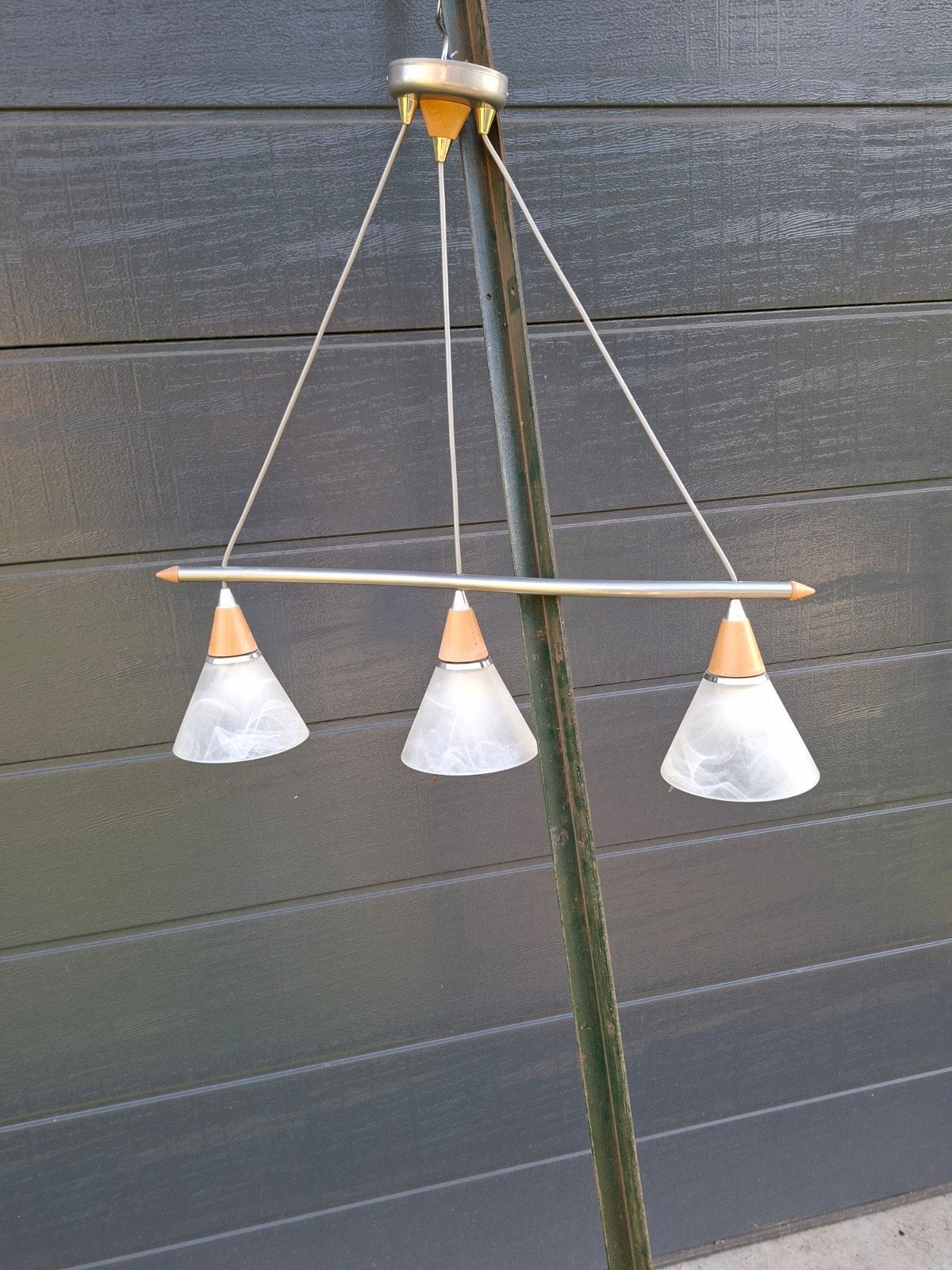 Hanglamp met drie conische glazen kappen, Ophalen, Gebruikt, Glas