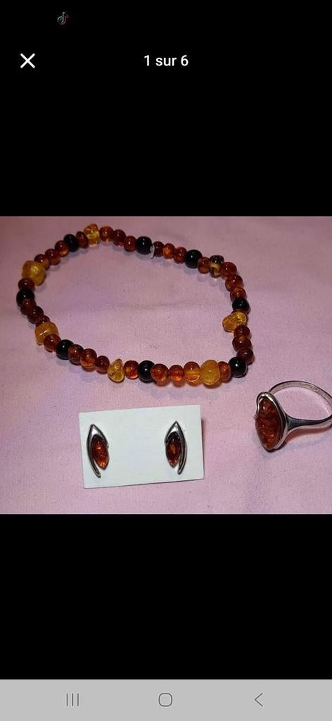Ensemble en argent massif et ambre naturelle, Bijoux, Sacs & Beauté, Bracelets, Neuf, Brun, Élastique, Avec pierre précieuse