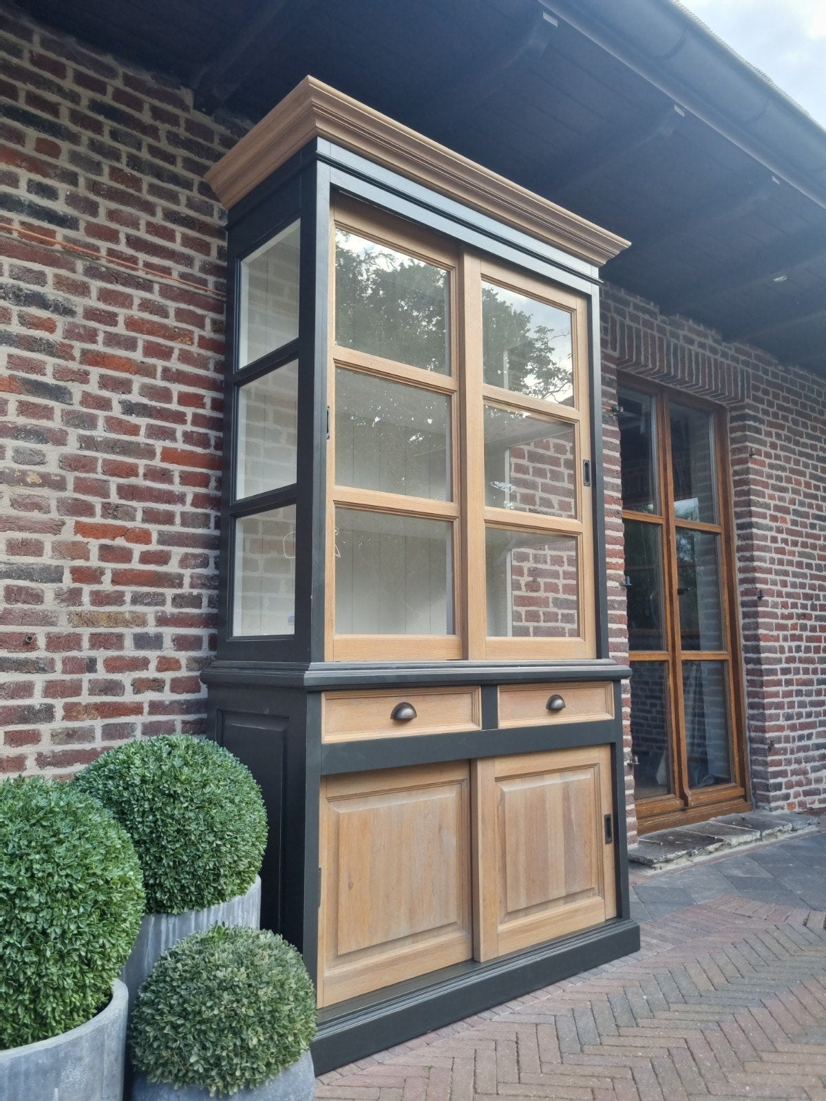 Eiken buffetkast/vitrinekast GRATIS LEVERING, Ophalen, 100 tot 150 cm, 200 cm of meer, .