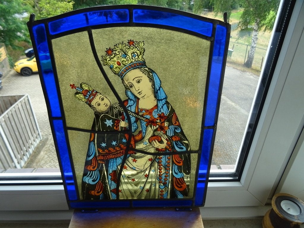 Vitrail ancien Maria Étoile de la mer 32x43cm Coin détaché, Enlèvement ou Envoi
