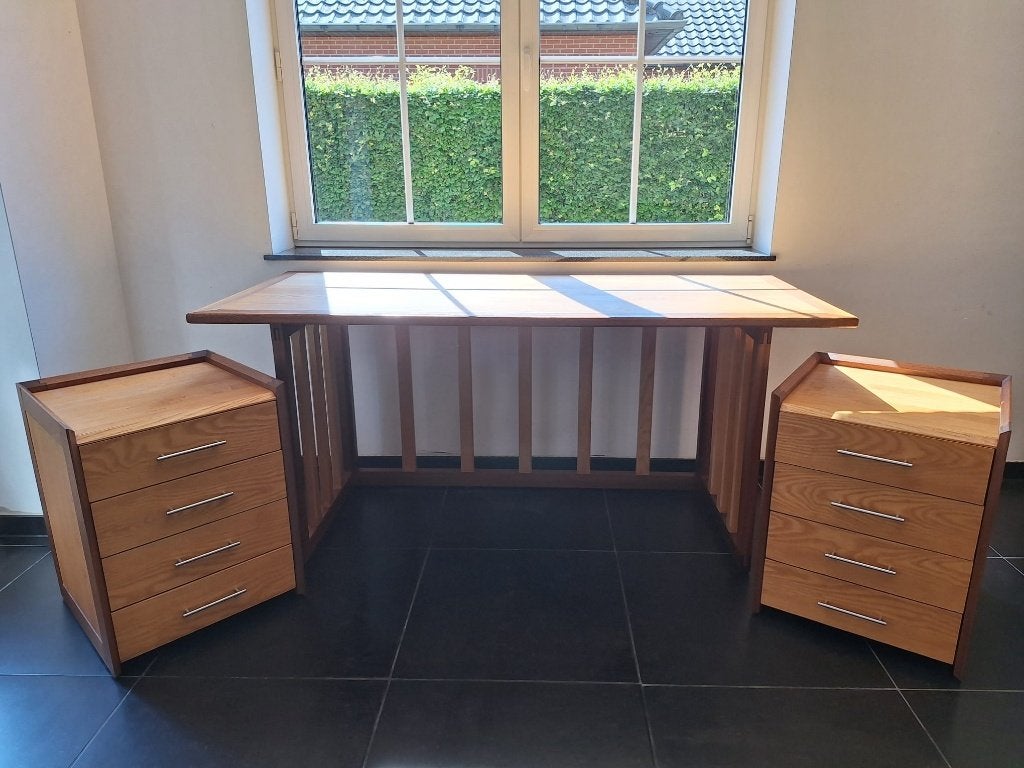 Massieve bureau met 2 ladeblokken, Gebruikt, 175 cm, Hout, Bureau-kast combinatie