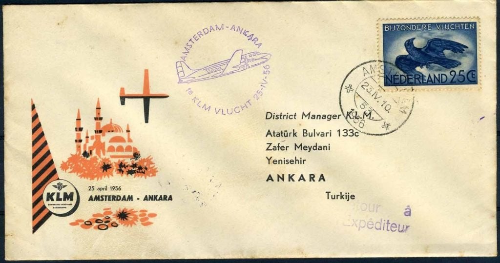 NEDERLAND 1e VLUCHT AMSTERDAM - ANKARA 25/04/1956, Verzenden, Na 1940, Gestempeld