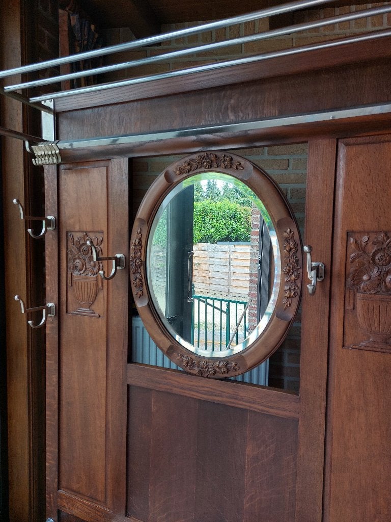 Vintage/antieke houten halkast met ovale spiegel, Ophalen