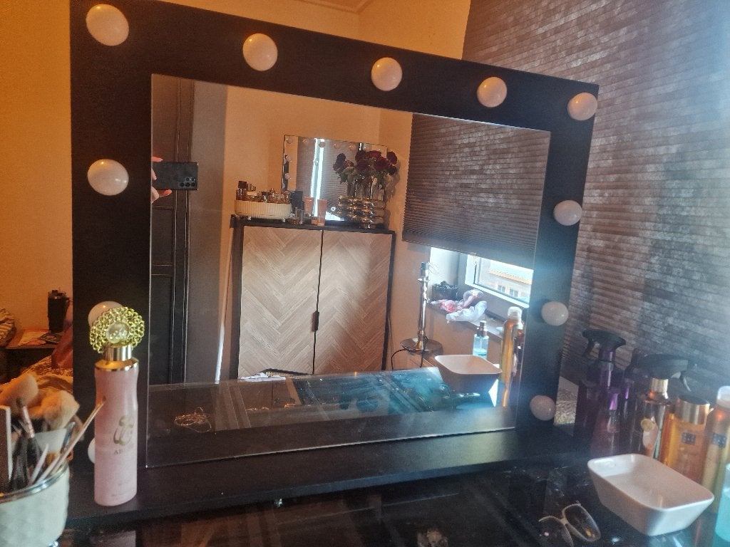 Make up spiegel, Ophalen, Zwart met lampen 3 standen, Nieuw, 50 tot 100 cm